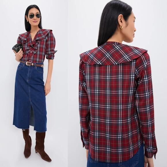 Tuckernuck Top Womens Large Red Eileen Plaid V-Neck Ruffle Button Down Shirt - Picture 2 of 13